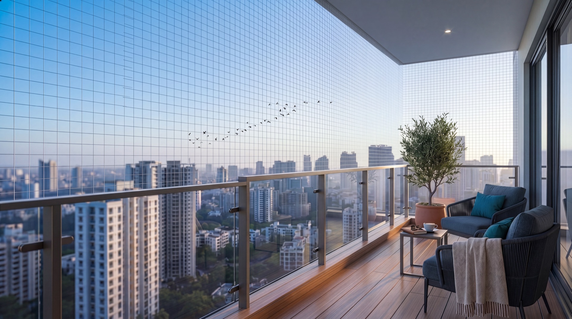 Premium modern balcony and invisible grill safety installation